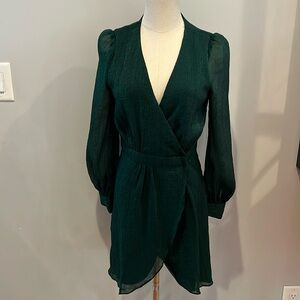 Green wrap dress, perfect for a winter wedding, date night, cocktail hour, etc.